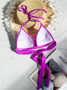 SHEIN Swim 純色露背綁帶加強版泳衣上衣,單品 - 紫色 - 查看 2