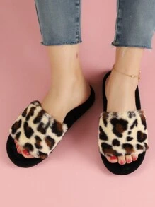 Ladies' Fashionable Leopard Print Fuzzy Bedroom Slippers, Beige