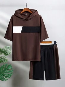 SHEIN 2pcs/Set Teen Boy Casual Sports Style Oversized Color Block Short Sleeve Hooded T-Shirt And Sport Shorts Knit Set, Spring/Summer