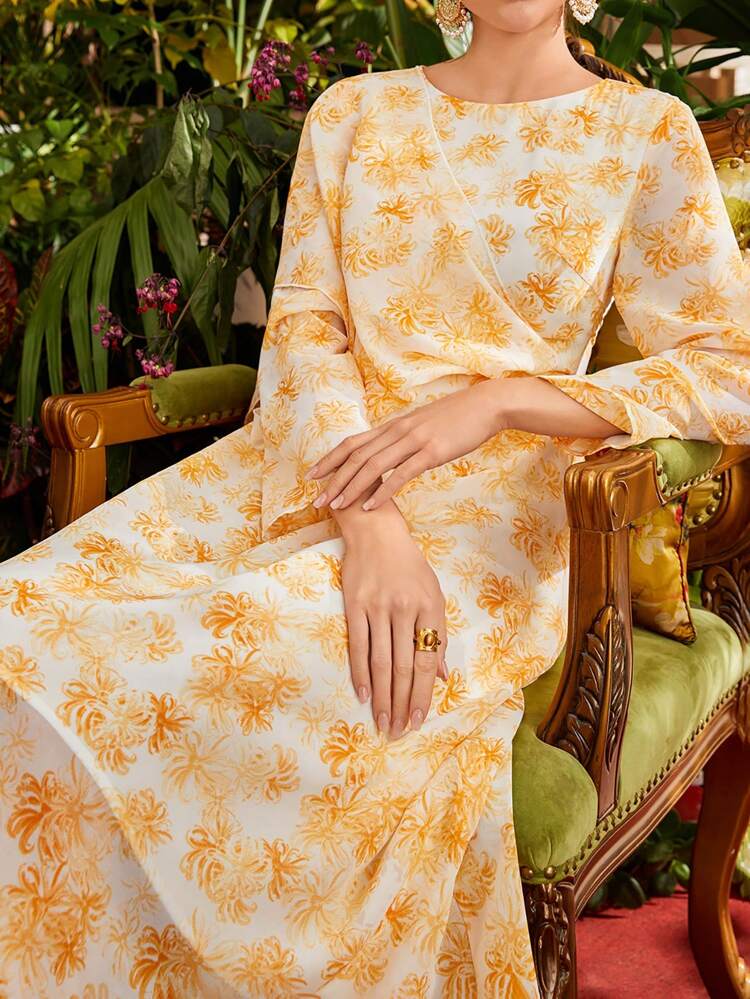 Women'S Plant Print Round Neck Long Sleeve Dress