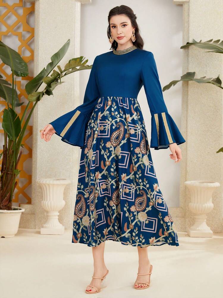 Women'S Paisley Print Bell Sleeve Dress Long Evening Dresses Fall Cloth For Women