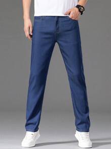 Men's Straight Leg Jeans With Pockets - Medium Wash - View 3