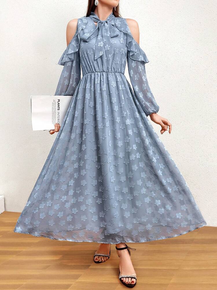 Open Shoulder Floral Applique Neckline & Tie-Waist Dress Long Evening Dresses