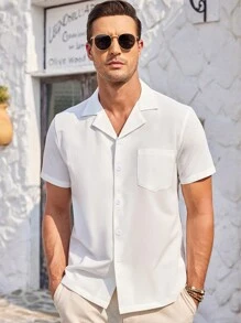 Men's Button-Front Short Sleeve Shirt With Stand Collar And Patch Pockets - White - View 4