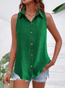 Chiquease Solid Color Casual Sleeveless Shirt - Green - View 6