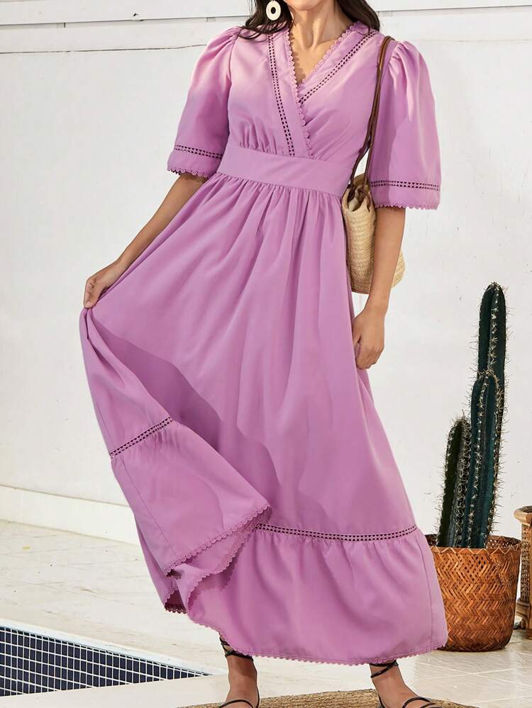 Solid Color V-Neck Empire Waist Dress With Ruffle Hem