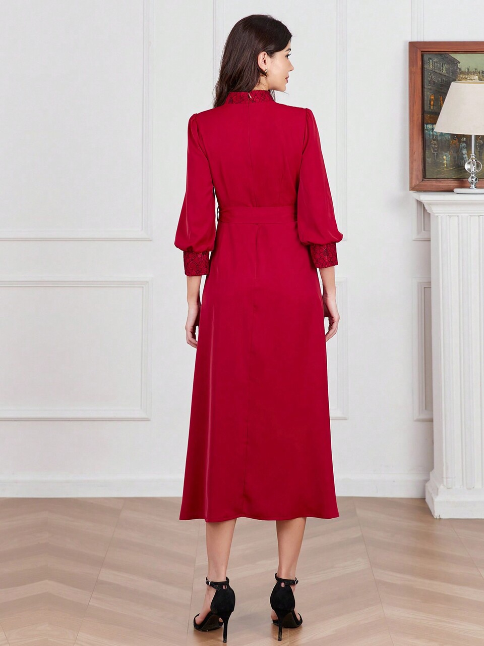 Burgundy Red Women's Stand Collar Hollow Out Puff Long Sleeve Dress