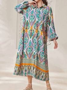 Seusyu Ladies' Fashionable Arabian Print Modest Long Sleeve Dress - Multicolor - View 4