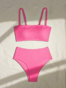 SHEIN Swim Họa Tiết Màu Trơn Bộ Bikini Hai Mảnh, Bộ Bikini Trang Phục Đồ Bơi Đi Biển Bộ Đồ Tắm Mùa Hè, Bãi Biển Mùa Hè - Màu Hồng Tươi - Xem 6