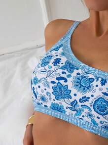 SHEIN Swim Damen Bikini-Set mit Blumen-Muster, Trägerschnalle auf einer Schulter, Zweiteiler für Sommer und Strand - Blau-Weiß - Übersicht 3
