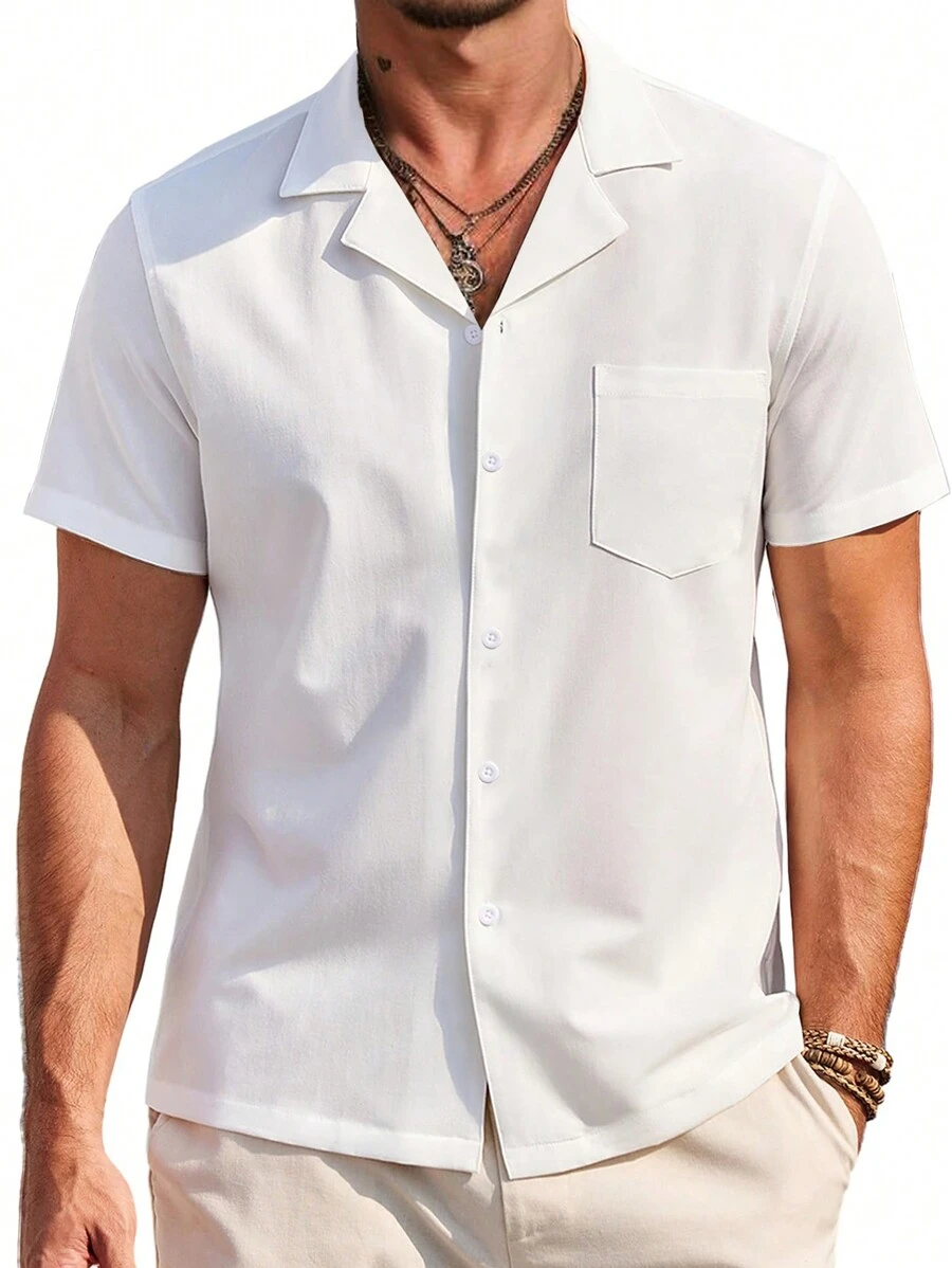 Men's Button-Front Short Sleeve Shirt With Stand Collar And Patch Pockets - White - View 1
