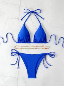SHEIN Swim 可拆卸腰帶分割式比基尼套裝，3入組；腰鏈上珠子的顏色將隨機發送，適用於夏季沙灘活動 - 寶藍色 - 查看 5