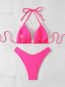 Swim Basics Solid Color V-Neck Halter Bikini Set, Beach Outfit Bathing Suit Summer,Summer Beach - Hot Pink - View 2