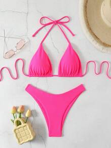 Swim Basics Solid Color V-Neck Halter Bikini Set, Beach Outfit Bathing Suit Summer,Summer Beach - Hot Pink - View 1