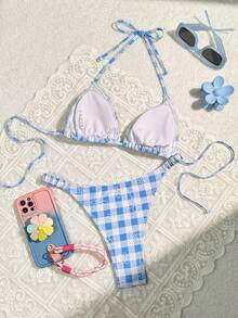 Swim Mod 女性格紋和花卉印花泳裝套裝 - 藍色 - 查看 2