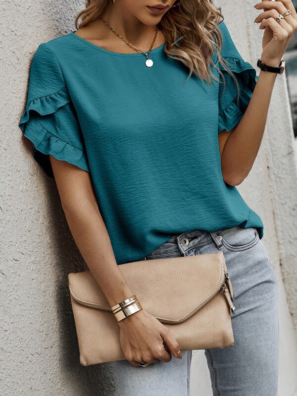 SHEIN Women's Solid Color Petal Short Sleeve Shirt With Round Neck