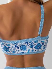 SHEIN Swim Damen Bikini-Set mit Blumen-Muster, Trägerschnalle auf einer Schulter, Zweiteiler für Sommer und Strand - Blau-Weiß - Übersicht 5