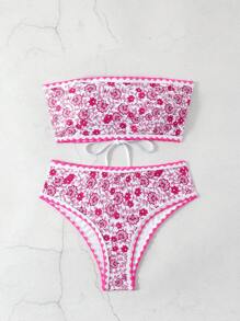 SHEIN Swim Conjunto de bikini estampado floral sin tirantes para mujer, estampado aleatorio, traje de baño de dos piezas tipo bandeau, atuendo de playa de vacaciones de verano