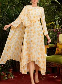 Al Najma Women'S Plant Print Round Neck Long Sleeve Dress - Multicolor - View 3