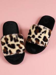 Ladies' Fashionable Leopard Print Fuzzy Bedroom Slippers, Beige