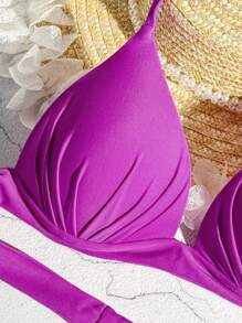 SHEIN Swim 純色露背綁帶加強版泳衣上衣,單品 - 紫色 - 查看 3