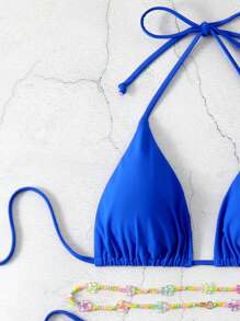 SHEIN Swim 可拆卸腰帶分割式比基尼套裝，3入組；腰鏈上珠子的顏色將隨機發送，適用於夏季沙灘活動 - 寶藍色 - 查看 4