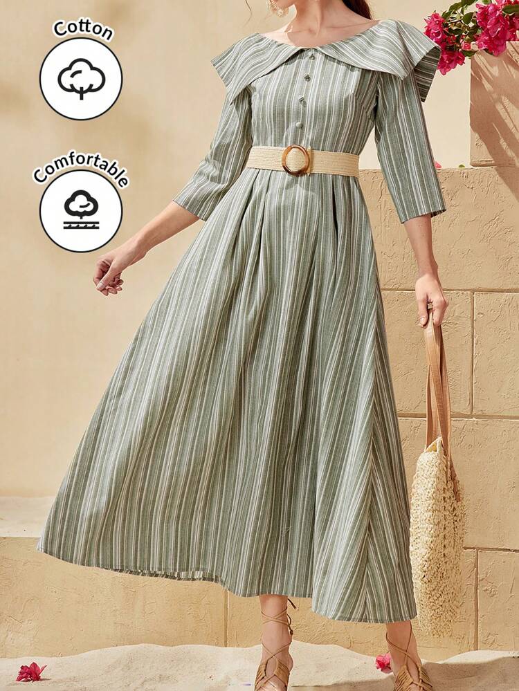 Women's Vertical Striped Turn-Down Collar Dress