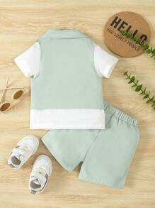 Conjunto de 3 piezas informal de verano para bebé niño: camiseta de manga corta y cuello redondo, chaleco y pantalones cortos tipo gentleman - ideal para fiesta de cumpleaños, fiesta de noche, boda, evento y celebración del primer mes y primer año - Multicolor - Ver 2
