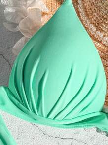 SHEIN Swim 夏季沙灘推擠式V領比基尼上衣 - 薄荷綠 - 查看 3