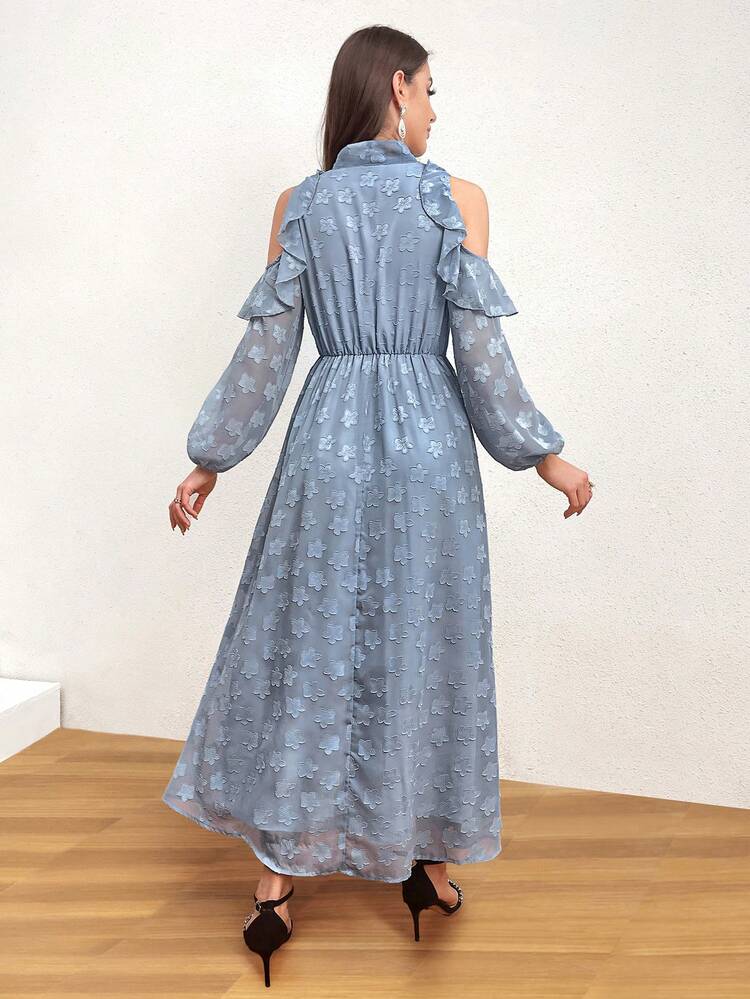 Open Shoulder Floral Applique Neckline & Tie-Waist Dress Long Evening Dresses
