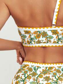 SHEIN Swim Women's One-Shoulder Floral Printed Bikini Set, Two-Piece Bathing Suit - Yellow - View 4