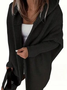 Casual Loose Solid Color Hooded Knit Cardigan Black Fall - Black - View 4