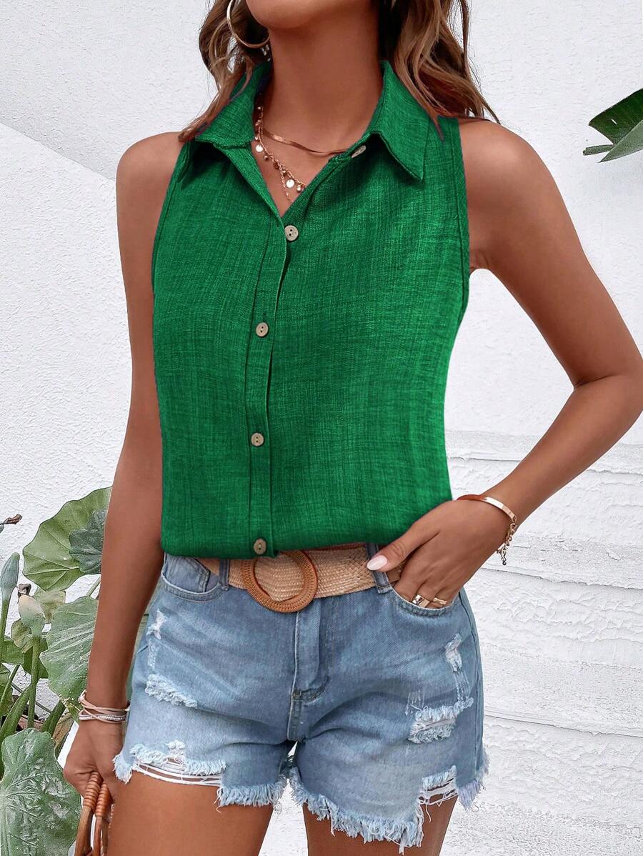 Chiquease Solid Color Casual Sleeveless Shirt - Green - View 1