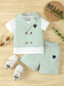 Conjunto de 3 piezas informal de verano para bebé niño: camiseta de manga corta y cuello redondo, chaleco y pantalones cortos tipo gentleman - ideal para fiesta de cumpleaños, fiesta de noche, boda, evento y celebración del primer mes y primer año - Multicolor - Ver 5
