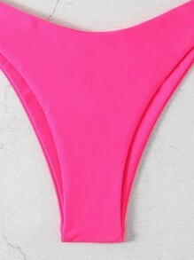 Swim Basics Solid Color V-Neck Halter Bikini Set, Beach Outfit Bathing Suit Summer,Summer Beach - Hot Pink - View 3