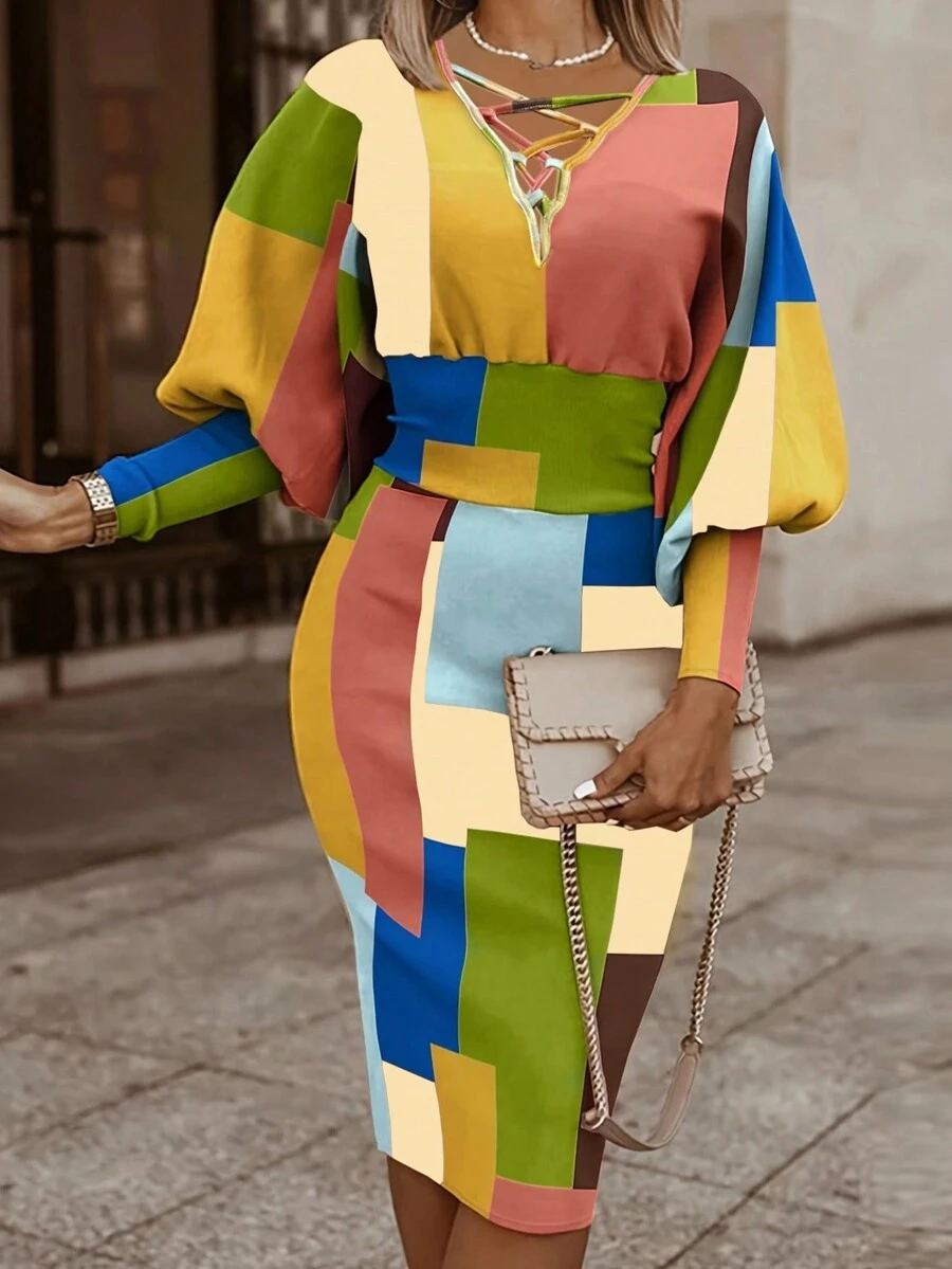 撞色前交叉燈籠袖洋裝 - 彩色 - 查看 1