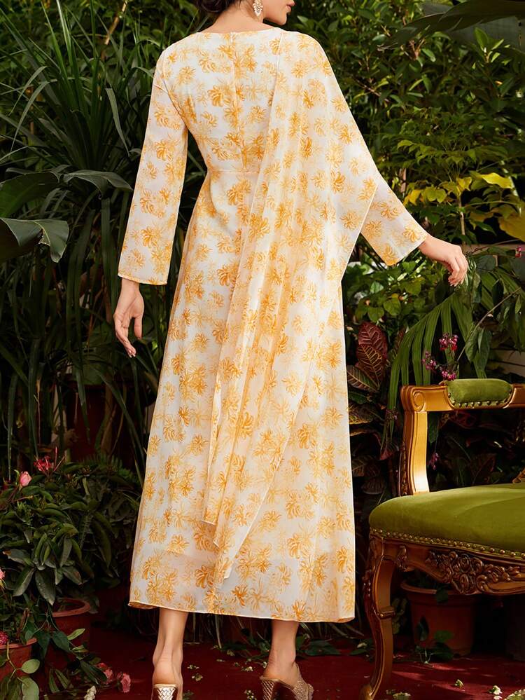 Women'S Plant Print Round Neck Long Sleeve Dress