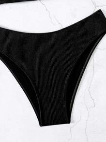 SHEIN Swim 纯色纹理设计两件套比基尼套装，比基尼套装海滩泳装泳衣夏季，夏季海滩 - 黑色 - 查看 3