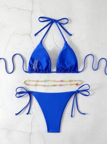 SHEIN Swim 可拆卸腰帶分割式比基尼套裝，3入組；腰鏈上珠子的顏色將隨機發送，適用於夏季沙灘活動 - 寶藍色 - 查看 2