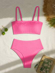 SHEIN Swim Họa Tiết Màu Trơn Bộ Bikini Hai Mảnh, Bộ Bikini Trang Phục Đồ Bơi Đi Biển Bộ Đồ Tắm Mùa Hè, Bãi Biển Mùa Hè - Màu Hồng Tươi - Xem 1