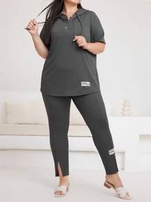 Mulvari Plus Size Hooded Short Sleeve Top With Letter Patch And Split Pants With Drawstring