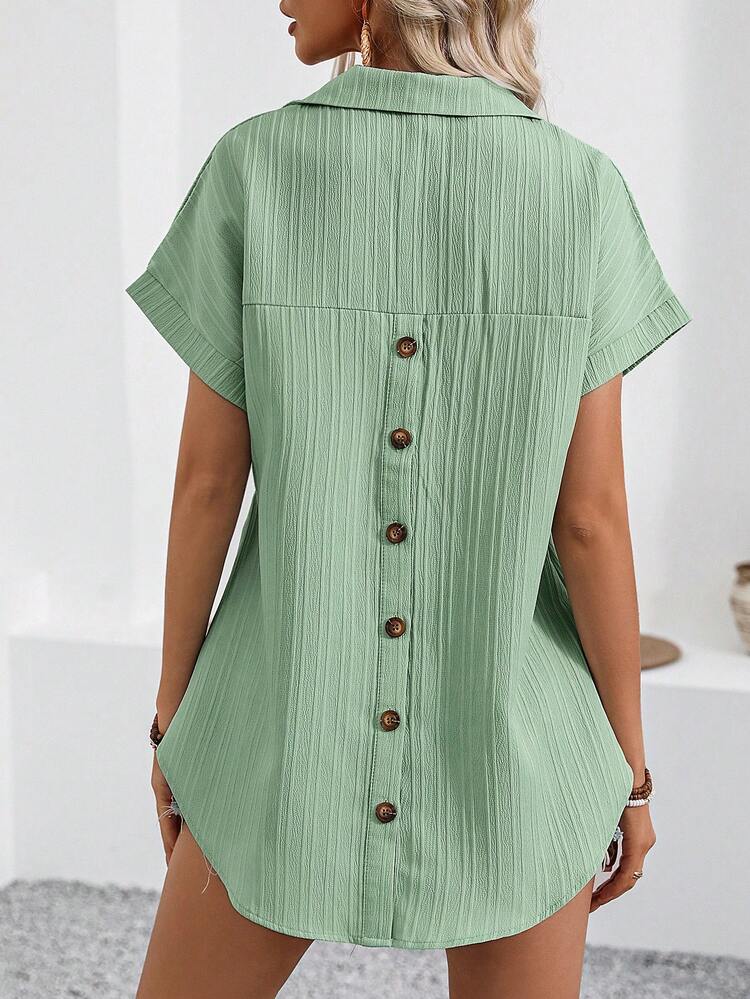 Buttoned Back Short Front Long Loose-Fit Shirt With Stripes And Waves Print, Batwing Sleeves