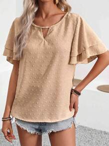 SHEIN LUNE Women's Ruffle Sleeve Embroidered Polka Dots Shirt With V-Neckline - Apricot - View 5