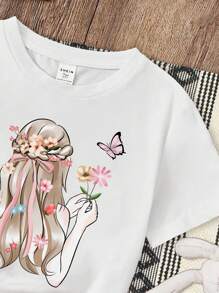 SHEIN Teen Girl Casual & Minimalistic Short Sleeve T-Shirt With Back & Hair Print Suitable For Summer