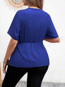 Celure Plus Size Solid Color V-Neck Short Sleeve Shirt With Gathered Waist Peplum Top - Blue - View 2