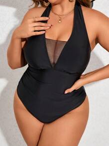 SHEIN Swim Curve Plus Size Women's One-Piece Swimsuit With Mesh Splicing And Halter Neck Tie, Bathing Suit Beach Outfit Vacay Vibe - Black - View 1