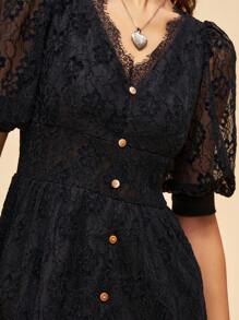 Bohemela Solid Color Lace Bubble Sleeve Holiday Dress - Black - View 5