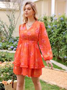 SHEIN VCAY Chiffon Floral Print Lantern Sleeve Dress With Elastic Waist - Orange - View 3