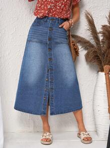 SHEIN LUNE Women's Denim Skirt With Single-Breasted Button And Pockets - Blue - View 4