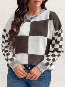 SHEIN LUNE Plus Size Color Block Checkerboard Sweater Knit Pullover Fall Winter - Multicolor - View 1